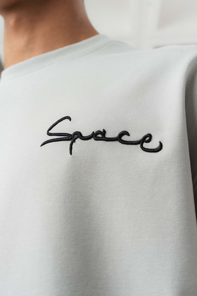 Space Etnik Desen Nakış Detaylı Gri Oversize Baskılı T-Shirt