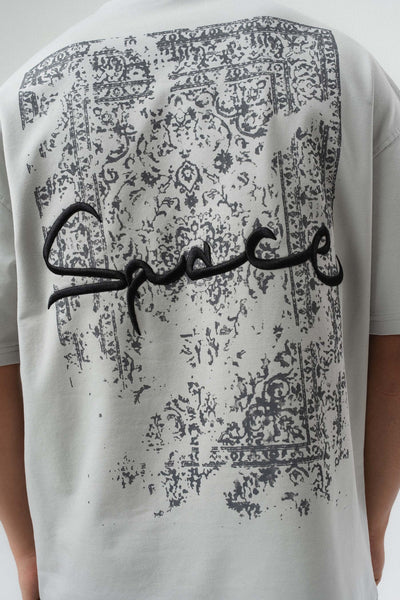 Space Etnik Desen Nakış Detaylı Gri Oversize Baskılı T-Shirt