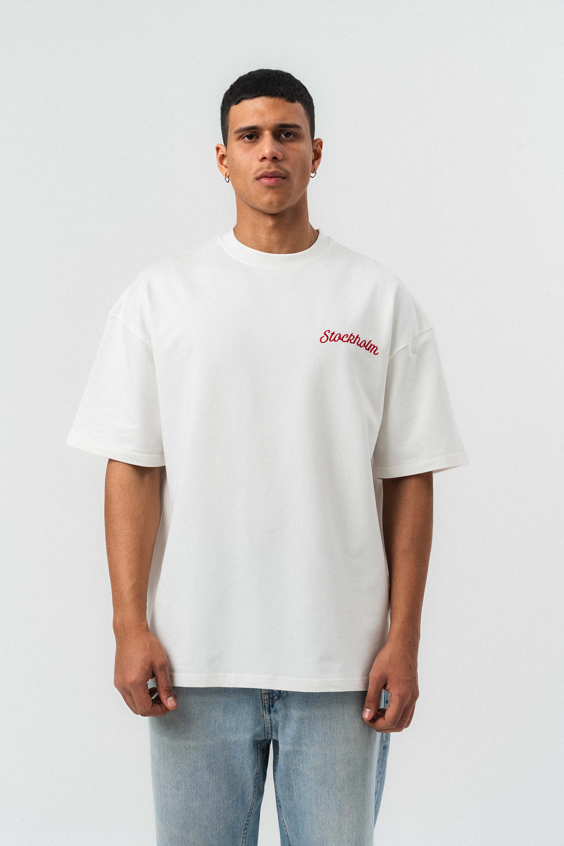 Stockholm Nakış Detaylı Beyaz Oversize Baskılı T-Shirt