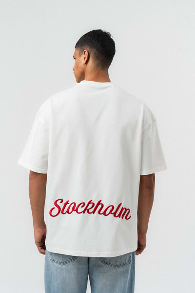 Stockholm Nakış Detaylı Beyaz Oversize Baskılı T-Shirt