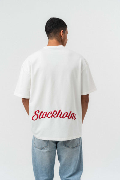 Stockholm Nakış Detaylı Beyaz Oversize Baskılı T-Shirt