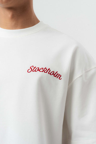 Stockholm Nakış Detaylı Beyaz Oversize Baskılı T-Shirt