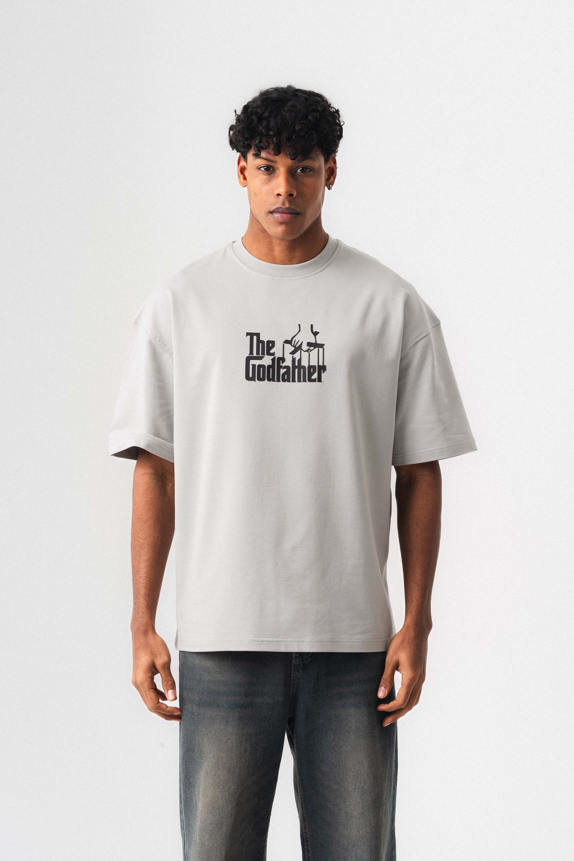 The Godfather Gri Oversize Baskılı T-Shirt