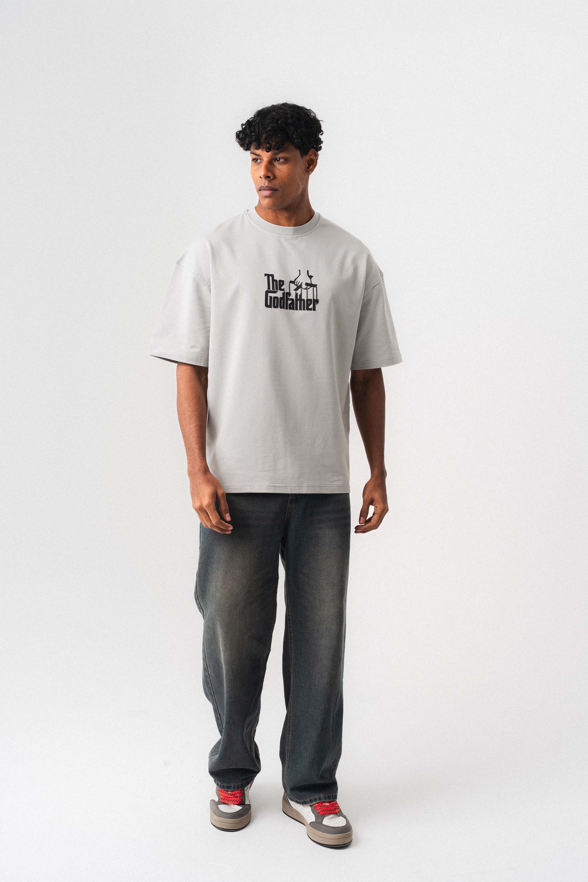 The Godfather Gri Oversize Baskılı T-Shirt
