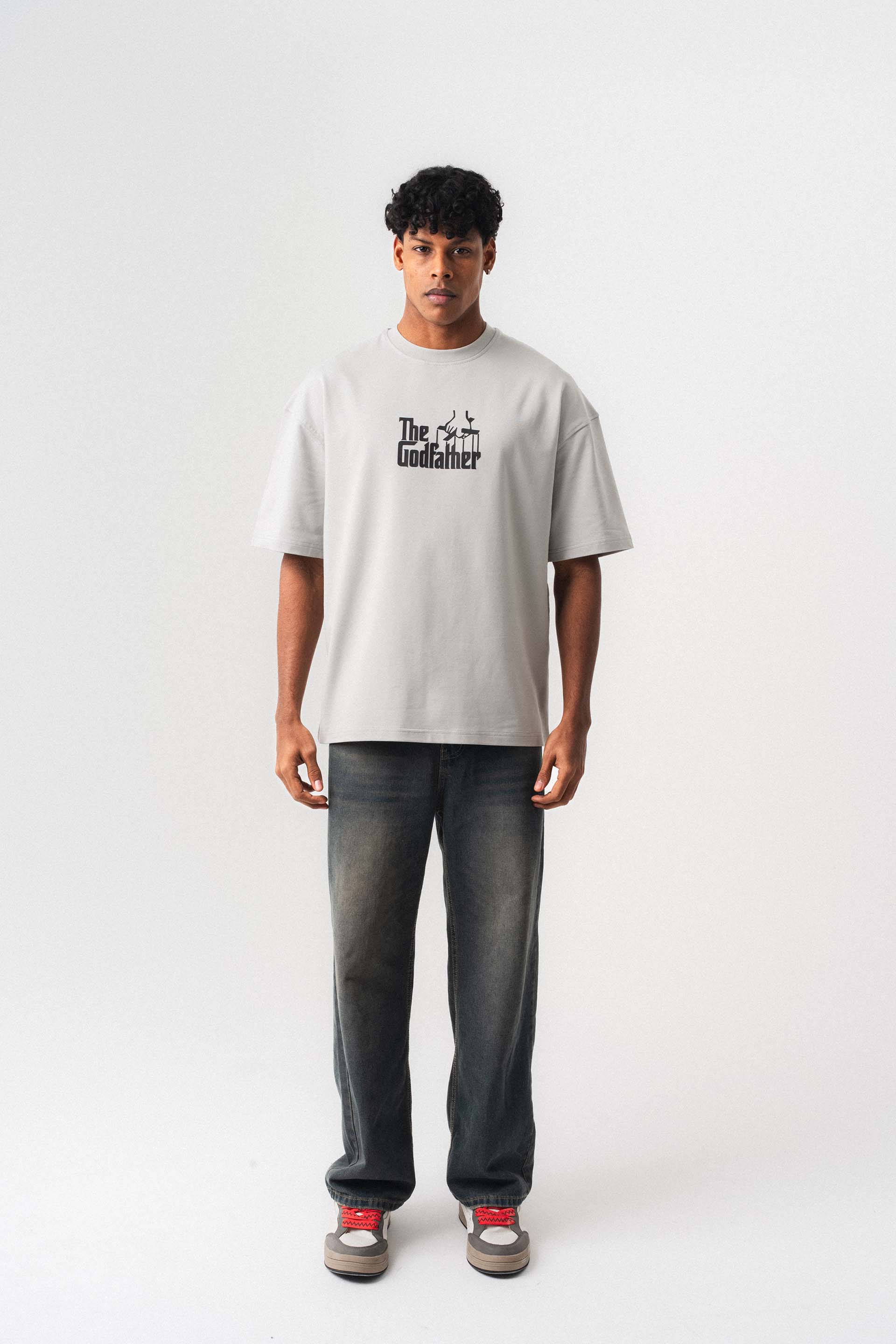 The Godfather Gri Oversize Baskılı T-Shirt