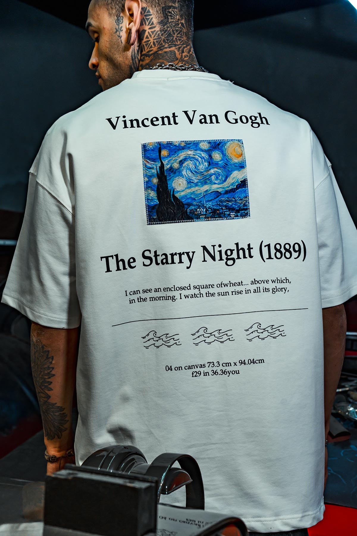 The Starry Van Gogh Baskılı Oversize Beyaz Tshirt