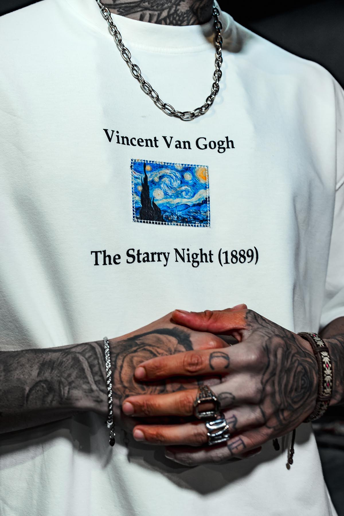 The Starry Van Gogh Baskılı Oversize Beyaz Tshirt