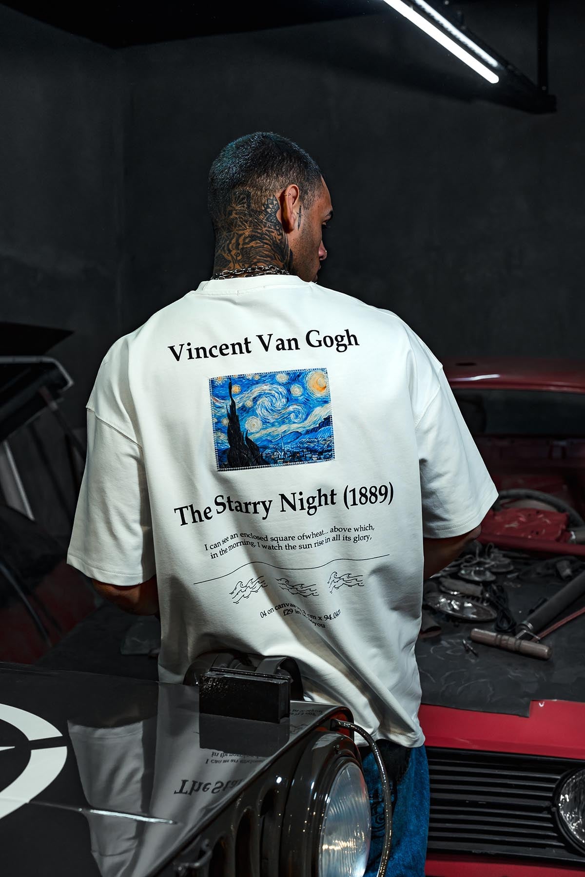 The Starry Van Gogh Baskılı Oversize Beyaz Tshirt