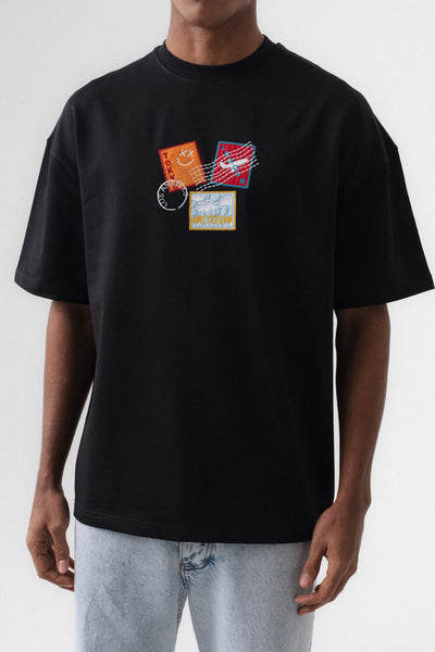 Tokyo Patchli Siyah Oversize Baskılı T-Shirt