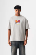 Tokyo Patchli Gri Oversize Baskılı T-Shirt