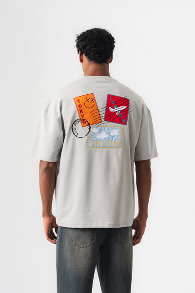 Tokyo Patchli Gri Oversize Baskılı T-Shirt