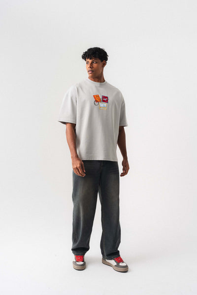 Tokyo Patchli Gri Oversize Baskılı T-Shirt