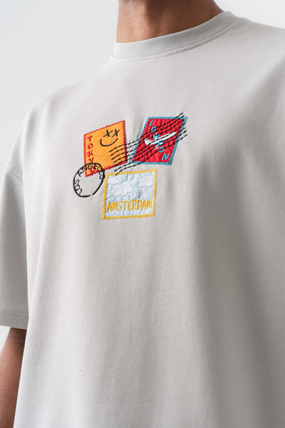 Tokyo Patchli Gri Oversize Baskılı T-Shirt