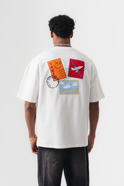 Tokyo Patchli Beyaz Oversize Baskılı T-Shirt