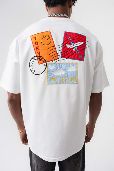 Tokyo Patchli Beyaz Oversize Baskılı T-Shirt