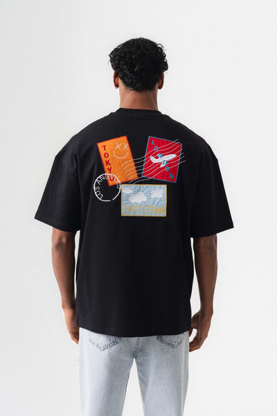 Tokyo Patchli Siyah Oversize Baskılı T-Shirt