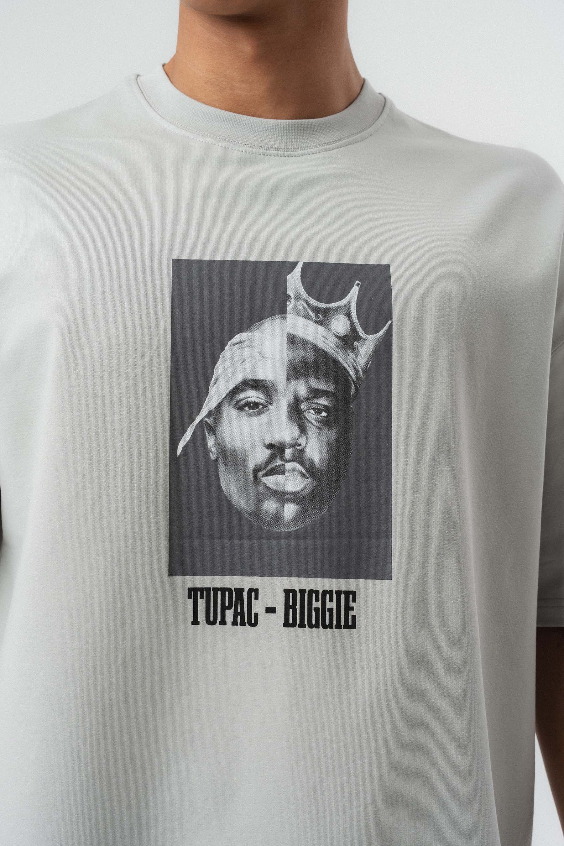 Tupac Biggie Baskılı Gri Oversize Baskılı T-Shirt