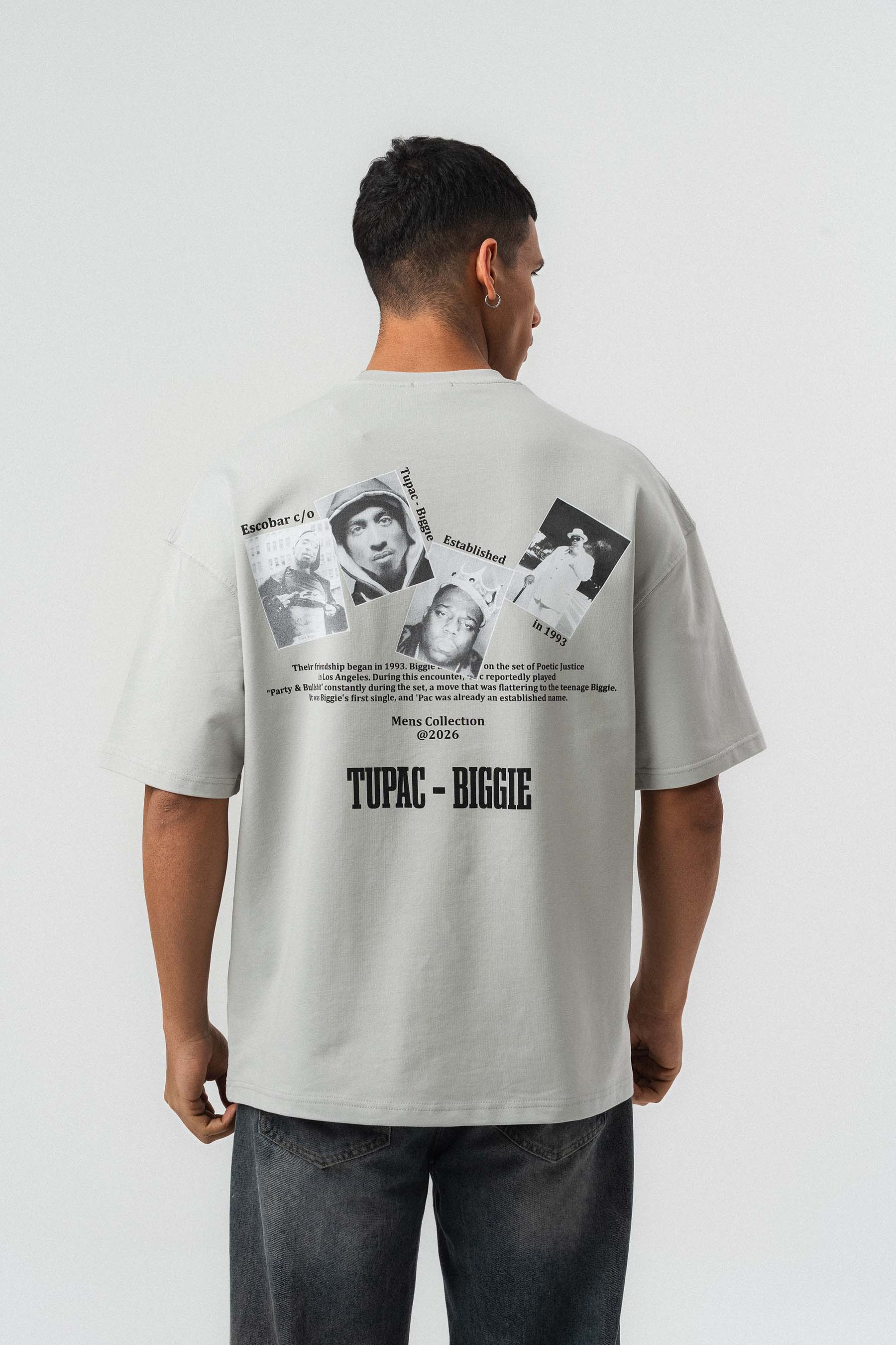 Tupac Biggie Baskılı Gri Oversize Baskılı T-Shirt