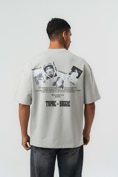 Tupac Biggie Baskılı Gri Oversize Baskılı T-Shirt