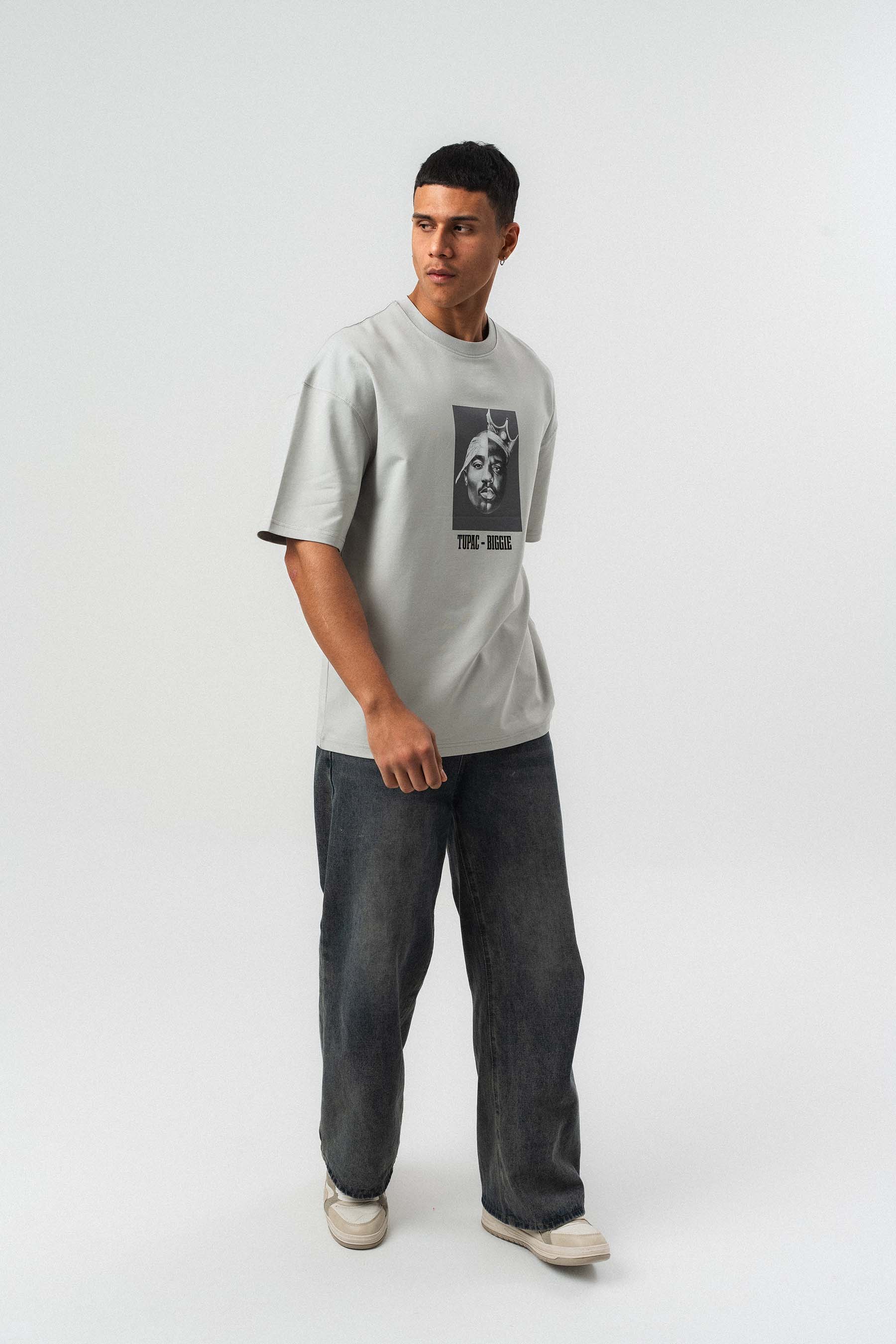Tupac Biggie Baskılı Gri Oversize Baskılı T-Shirt