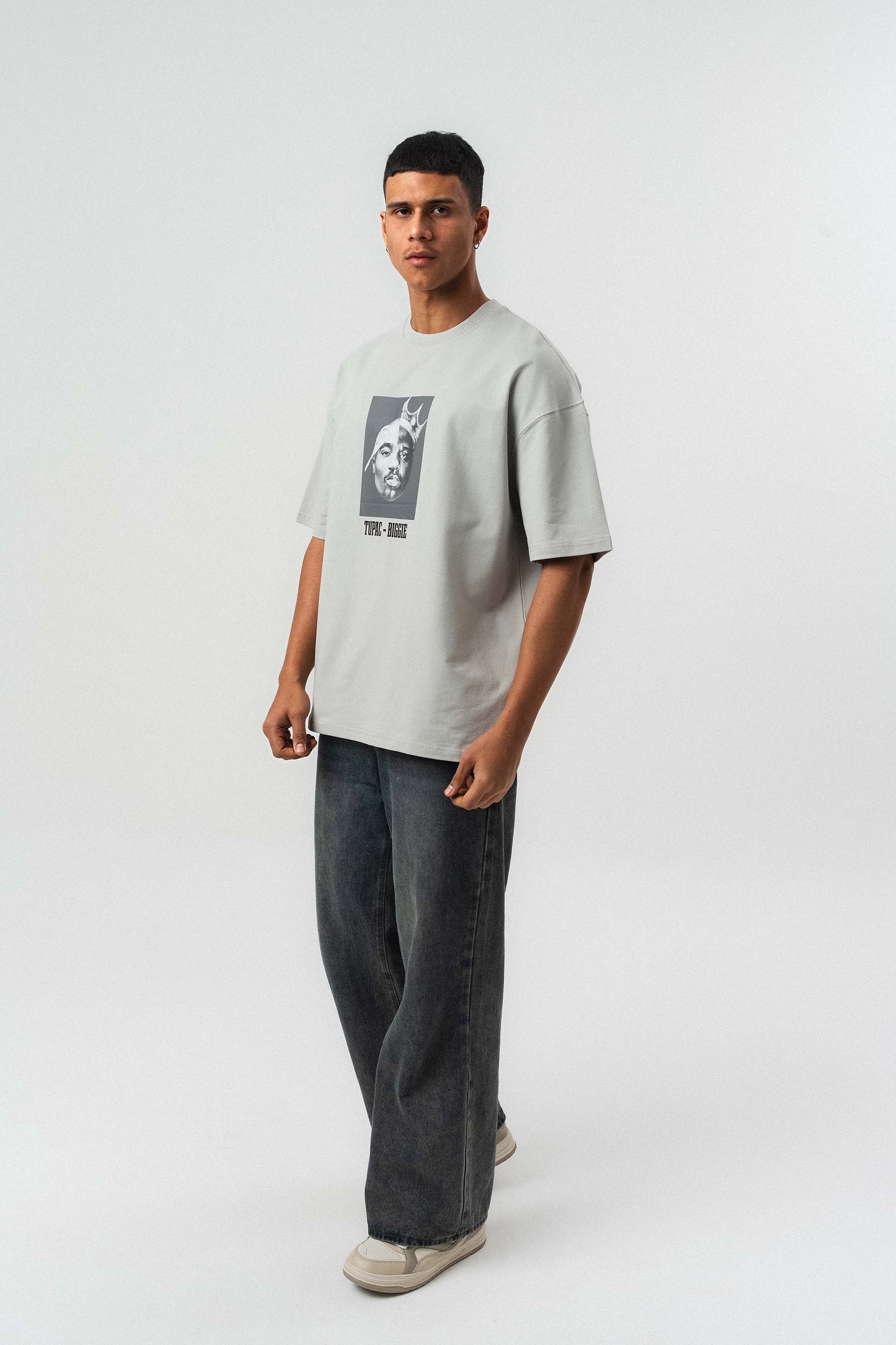 Tupac Biggie Baskılı Gri Oversize Baskılı T-Shirt