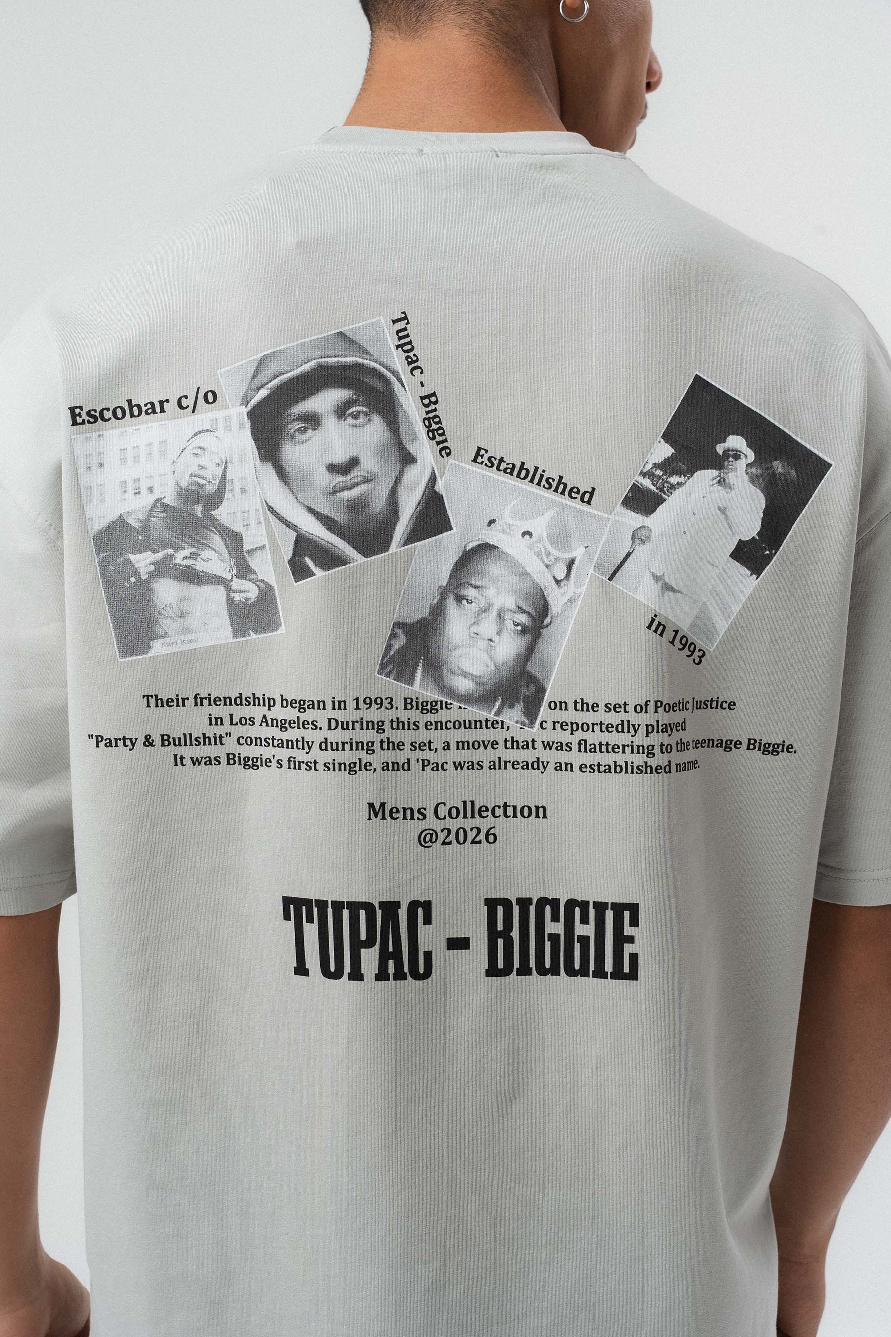 Tupac Biggie Baskılı Gri Oversize Baskılı T-Shirt