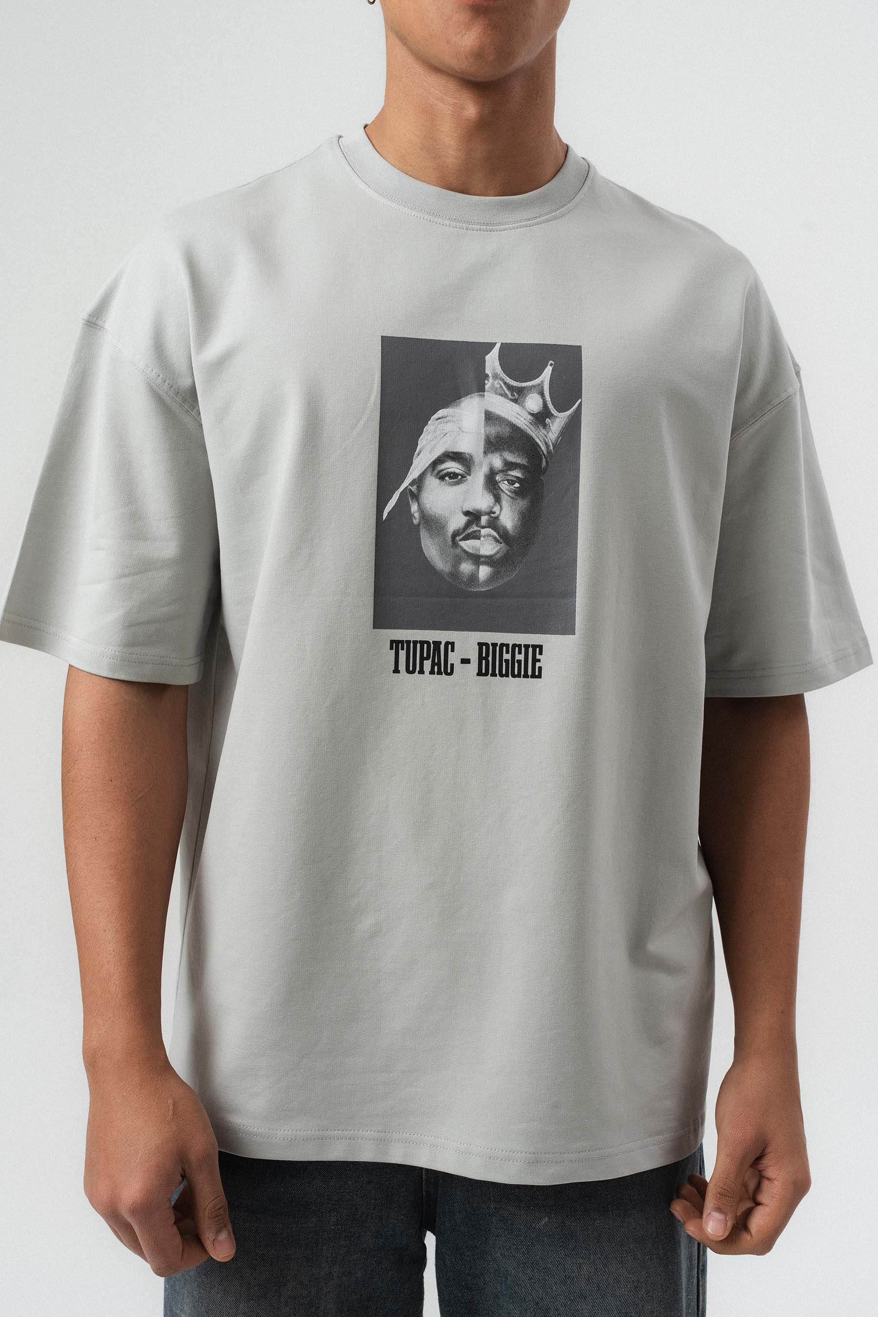 Tupac Biggie Baskılı Gri Oversize Baskılı T-Shirt