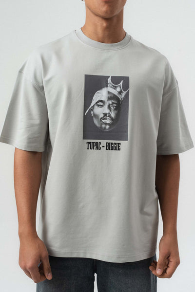 Tupac Biggie Baskılı Gri Oversize Baskılı T-Shirt