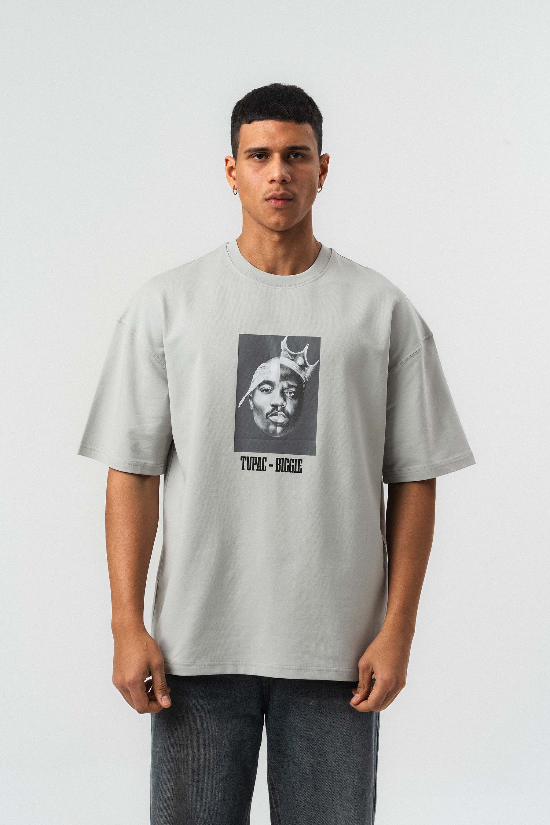 Tupac Biggie Baskılı Gri Oversize Baskılı T-Shirt