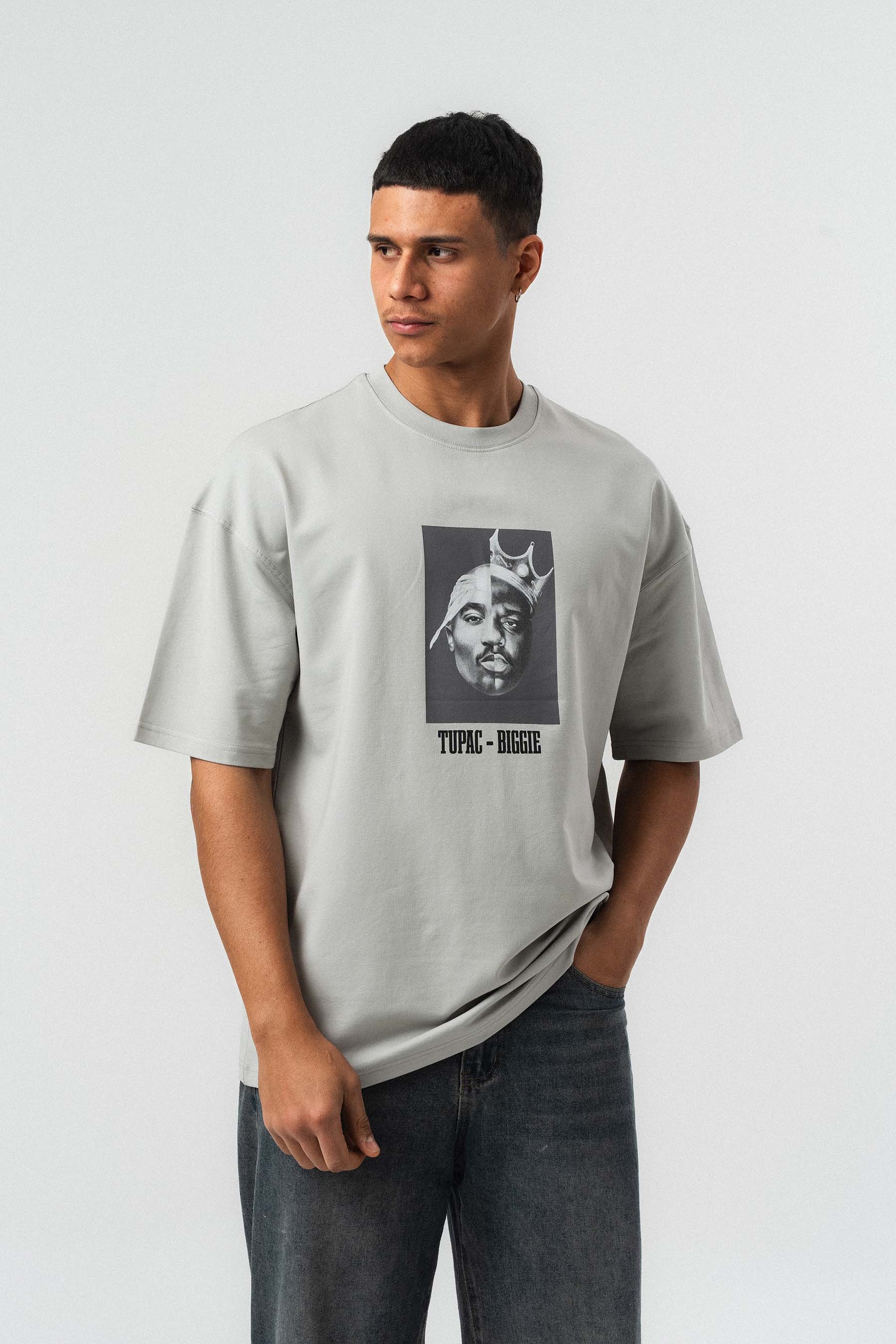 Tupac Biggie Baskılı Gri Oversize Baskılı T-Shirt