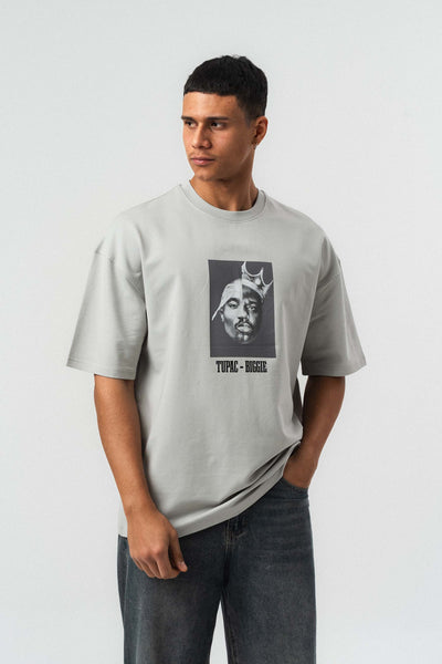 Tupac Biggie Baskılı Gri Oversize Baskılı T-Shirt