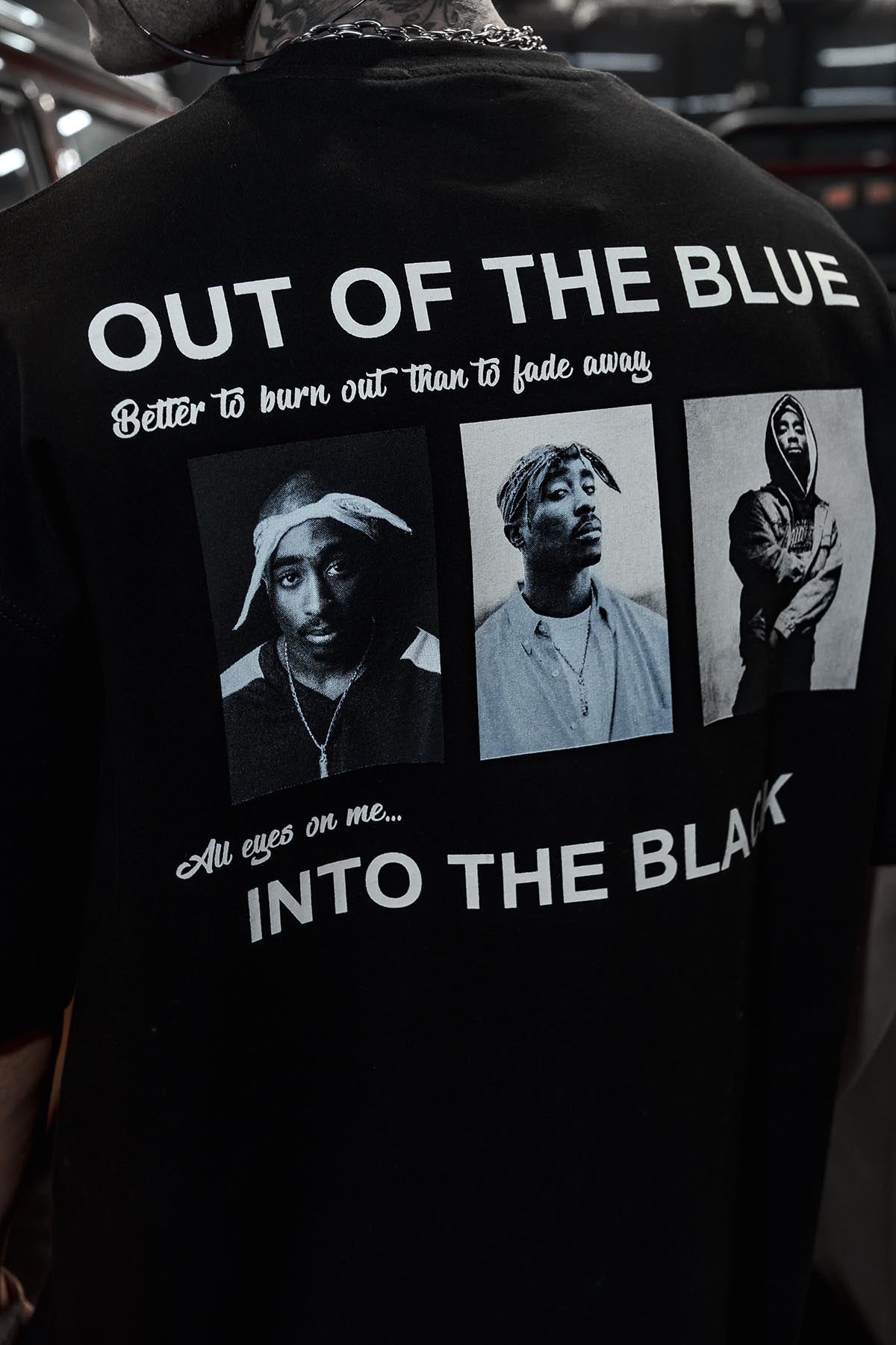 Tupac Into Black Baskılı Oversize Siyah Tshirt