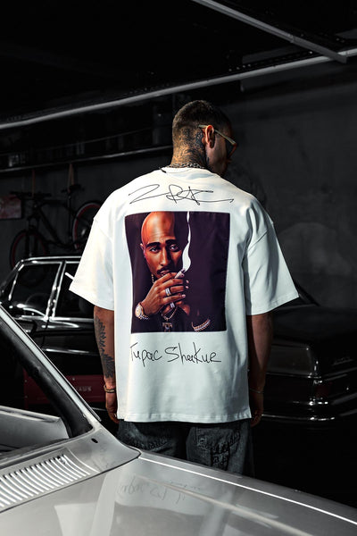 Tupac Kontürlü Oversize Beyaz Tshirt