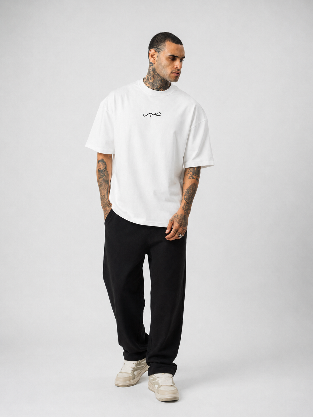 Sabır Baskılı Beyaz Etnik Desen Oversize T-Shirt