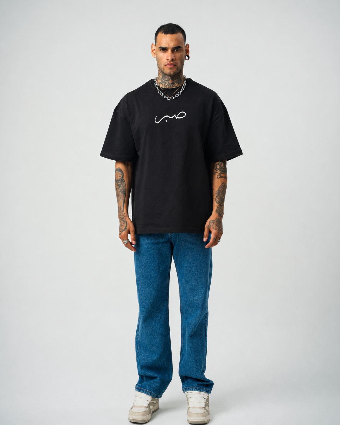 Sabır Baskılı Siyah Etnik Desen Oversize T-Shirt