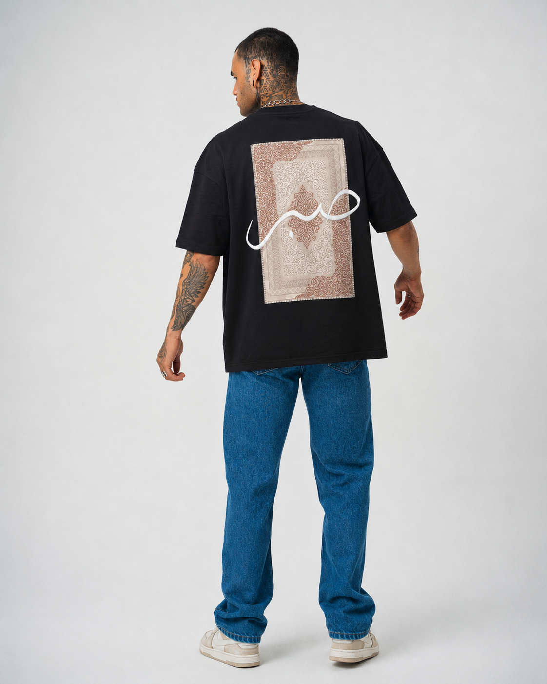 Sabır Baskılı Siyah Etnik Desen Oversize T-Shirt