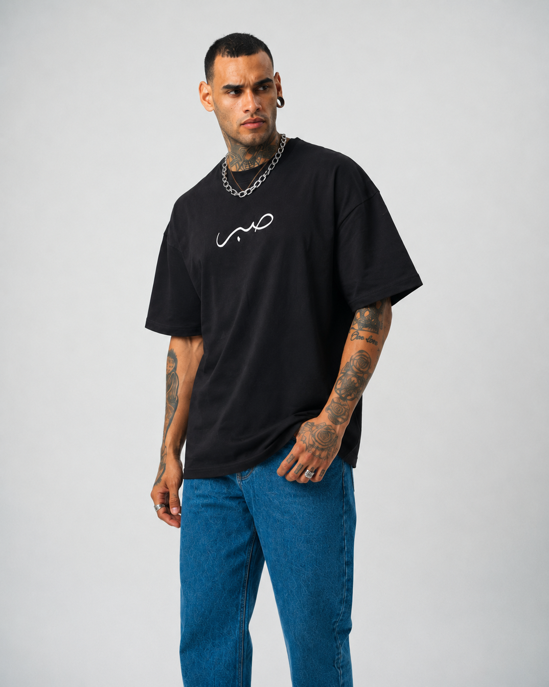 Sabır Baskılı Siyah Etnik Desen Oversize T-Shirt