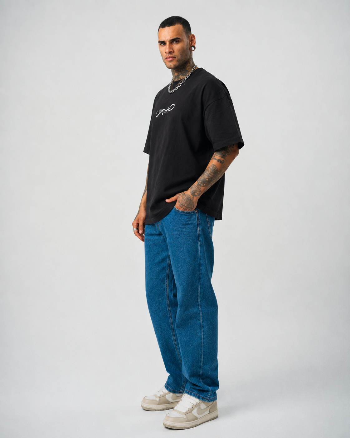 Sabır Baskılı Siyah Etnik Desen Oversize T-Shirt