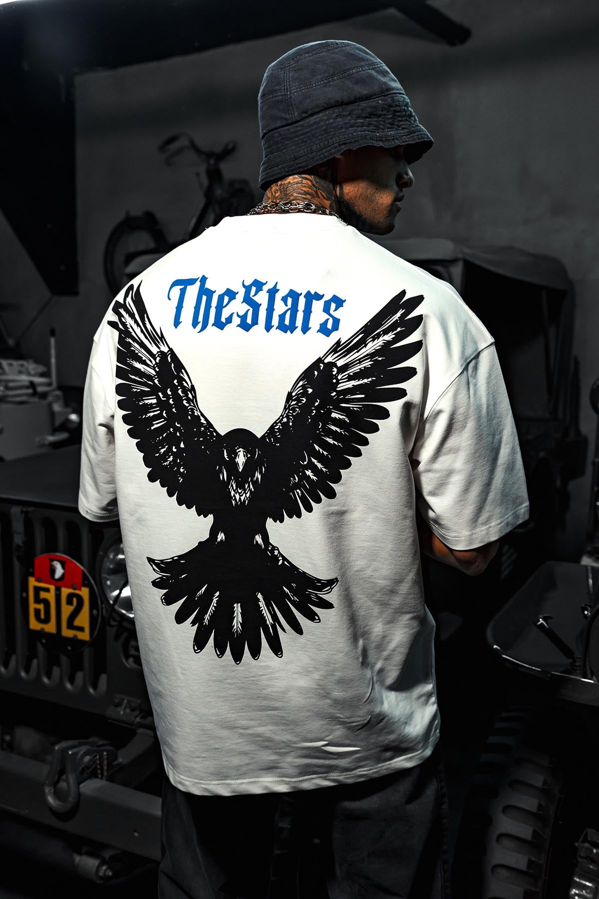 TheStars Kuşlu Baskılı Oversize Beyaz T-Shirt