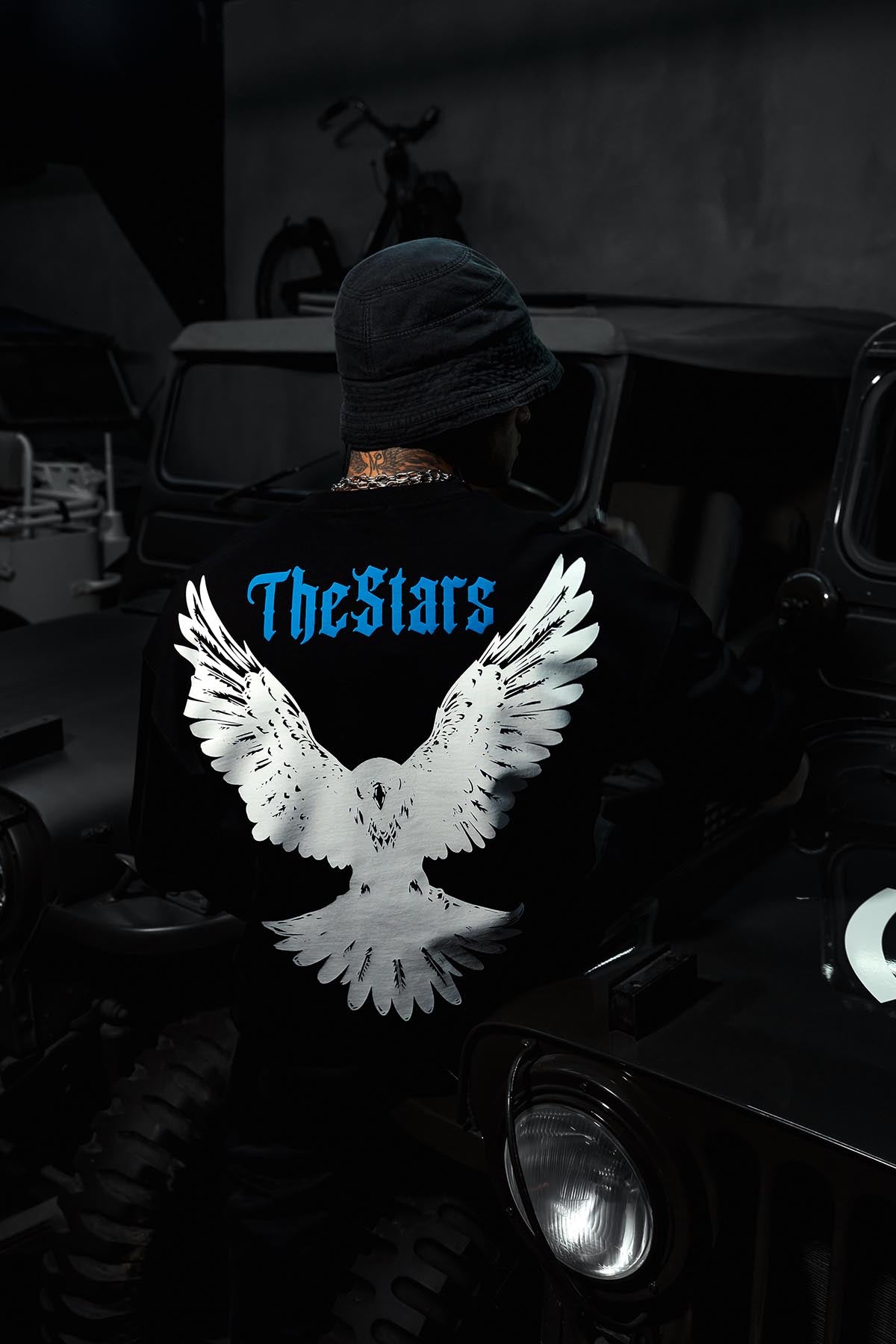 TheStars Kuşlu Baskılı Oversize Siyah T-Shirt