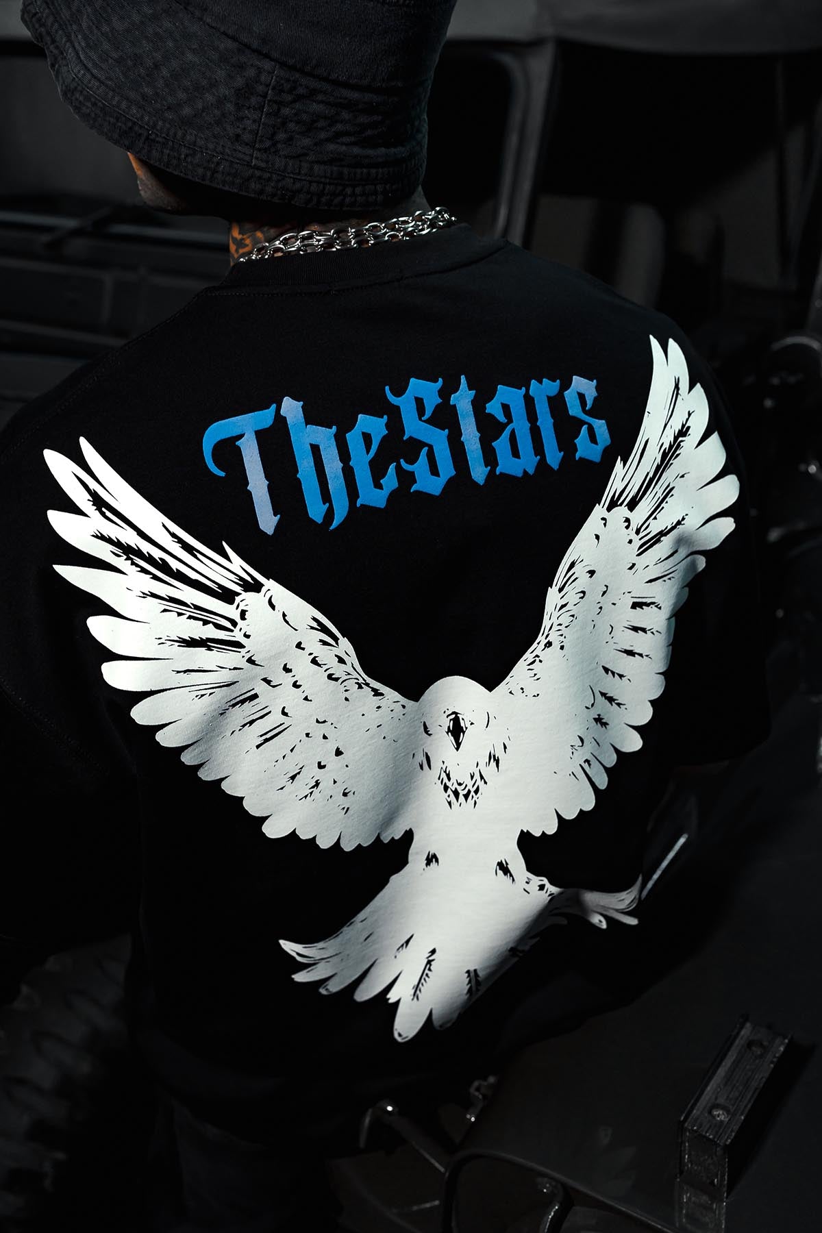 TheStars Kuşlu Baskılı Oversize Siyah T-Shirt